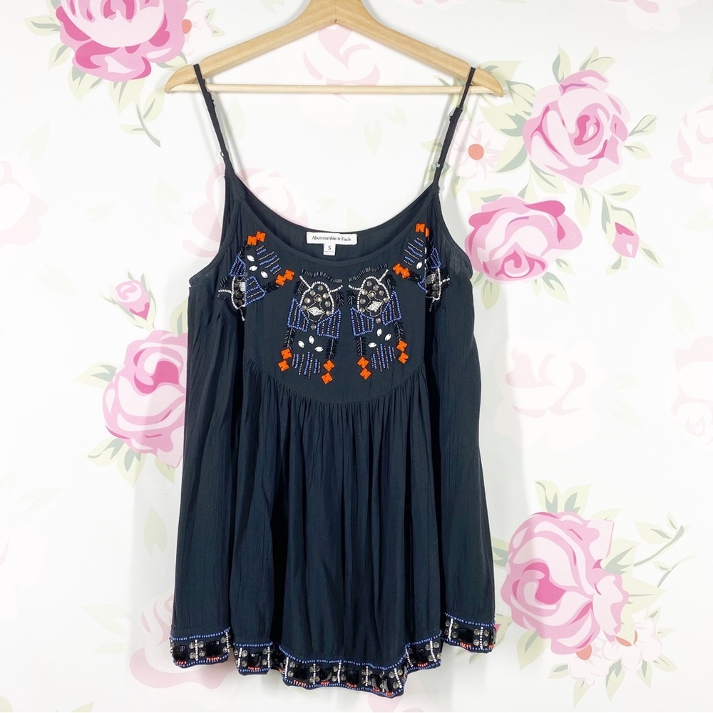 Abercrombie & Fitch Tank Top S Black Beaded Bohemian Boho Spaghetti Strap